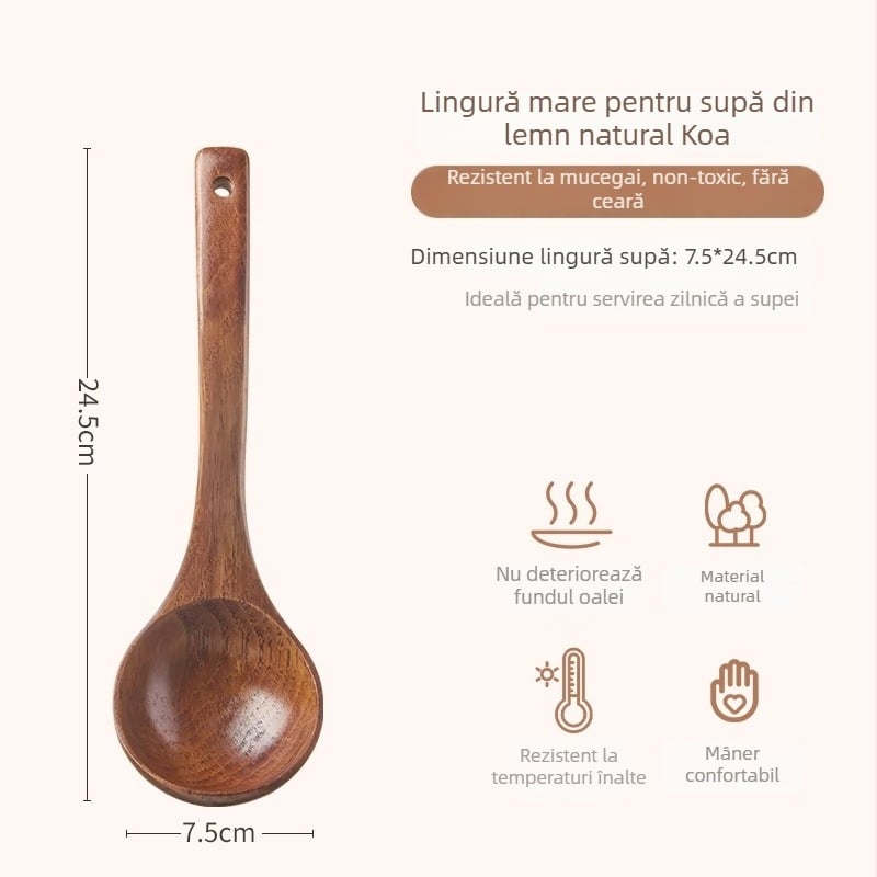 Lingură de supă din lemn cu mâner lung, stil japonez, pentru servire supă și ramen