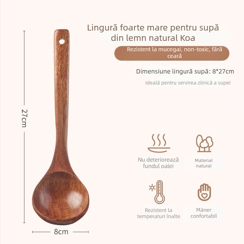 Lingură de supă din lemn cu mâner lung, stil japonez, pentru servire supă și ramen