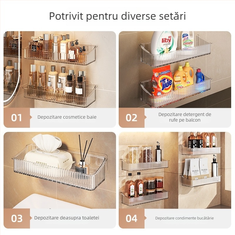 Raft de depozitare montat pe perete pentru baie, pentru produse de igienă, cosmetică și gel de duș