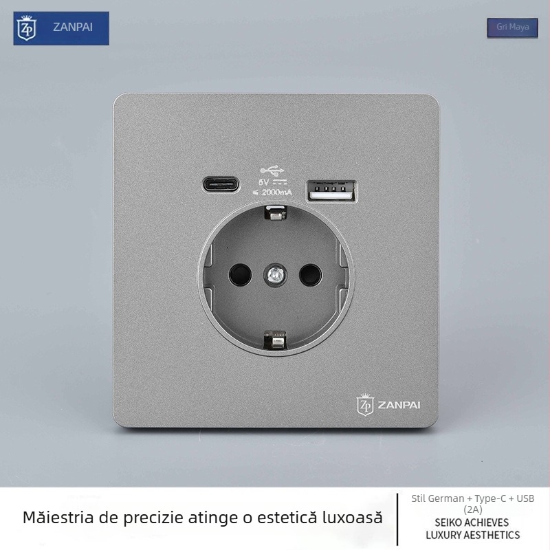 Zan Brand Priză de perete încastrată, tip european 86, 16A, USB-A + Type-C 2A