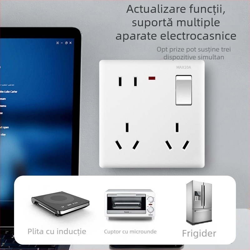 Panou de întrerupător și prize pentru perete, cu un singur întrerupător și opt prize, tip 86, montaj ascuns, alb, nou standard național