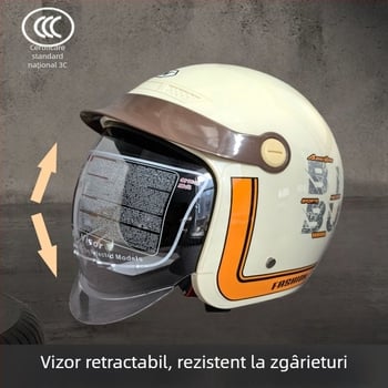 Cască pentru motocicletă electrică, certificat 3C, vizor retractabil, sigură și modernă, unisex, 3/4