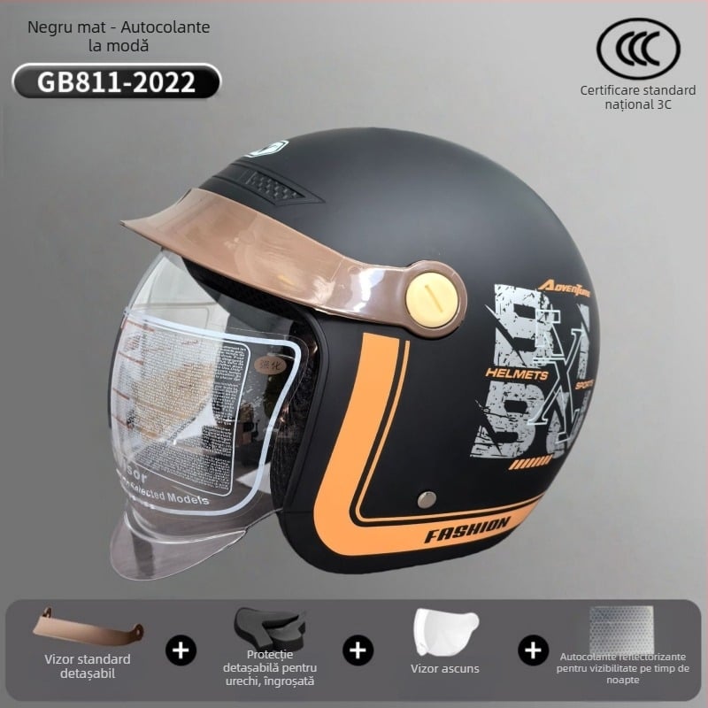 Cască pentru motocicletă electrică, certificat 3C, vizor retractabil, sigură și modernă, unisex, 3/4