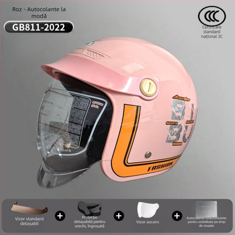 Cască pentru motocicletă electrică, certificat 3C, vizor retractabil, sigură și modernă, unisex, 3/4