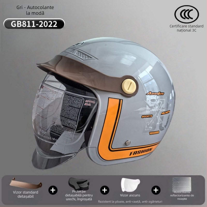 Cască pentru motocicletă electrică, certificat 3C, vizor retractabil, sigură și modernă, unisex, 3/4