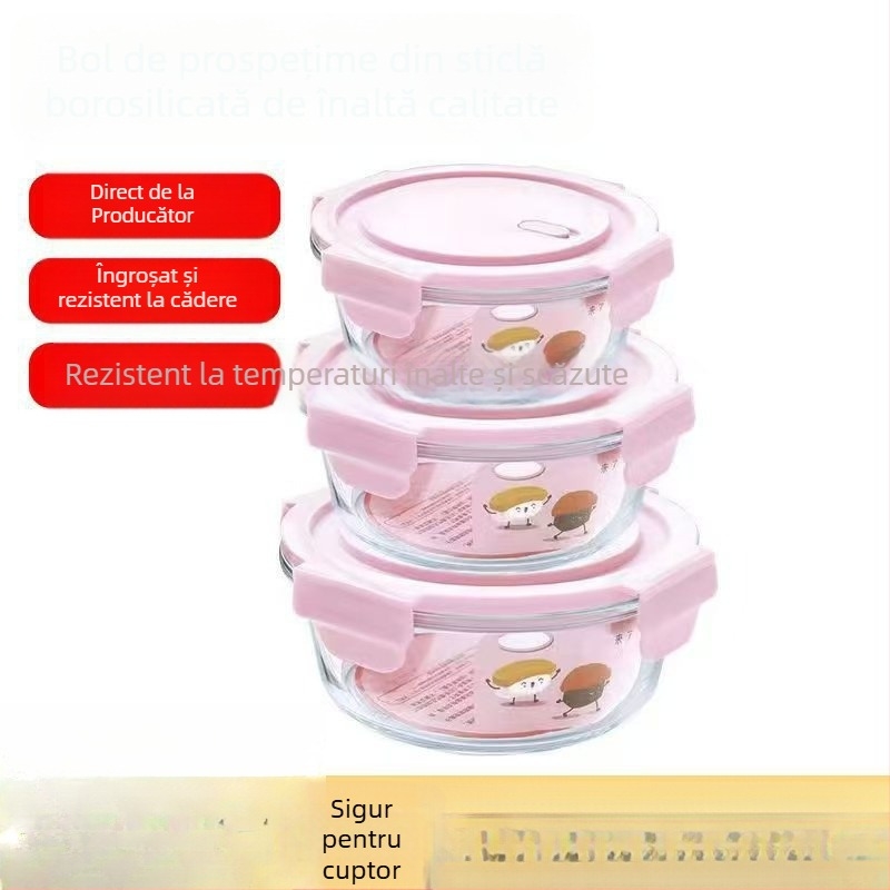 Cutie rotundă de prânz din sticlă borosilicată, cu capac, compatibilă cu microundele, bol de supă