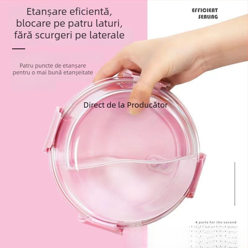 Cutie rotundă de prânz din sticlă borosilicată, cu capac, compatibilă cu microundele, bol de supă