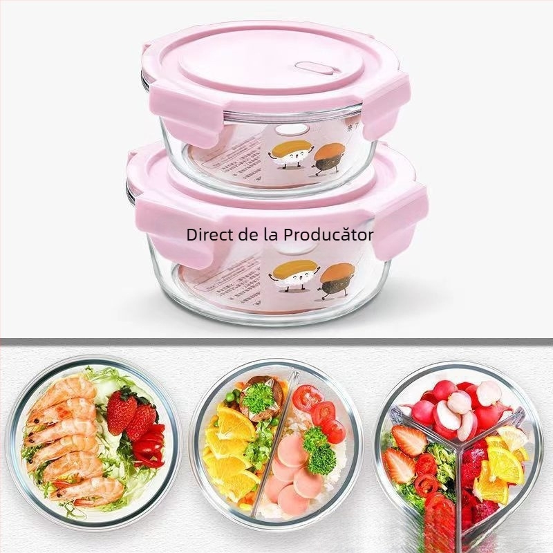 Cutie rotundă de prânz din sticlă borosilicată, cu capac, compatibilă cu microundele, bol de supă