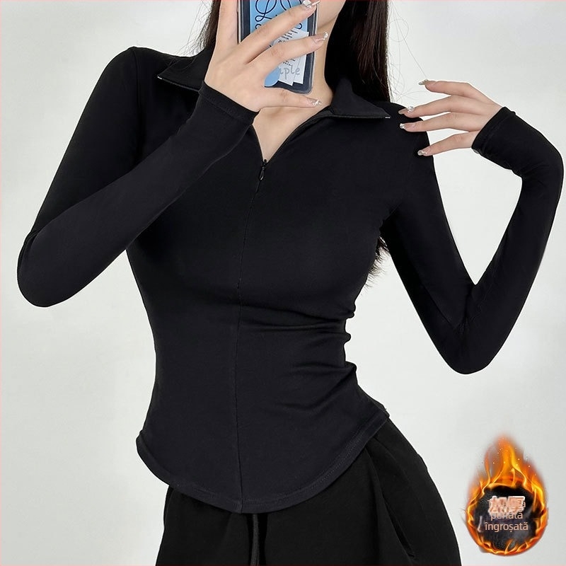 Tricou damă cu mânecă lungă, model nou 2026 primăvară-toamnă, croială slim, negru, guler polo, top subțire de bază