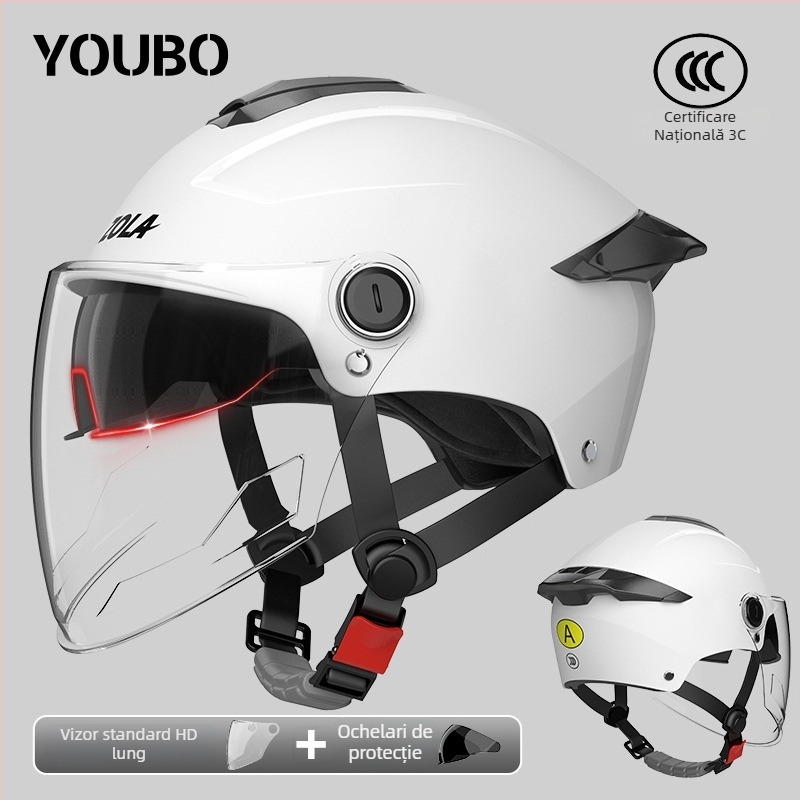 Casca pentru motocicletă electrică, cu standard național 3C, certificat, cu vizieră dublă, pentru femei și bărbați, demi-cască pentru scutere electrice, protecție solară de vară