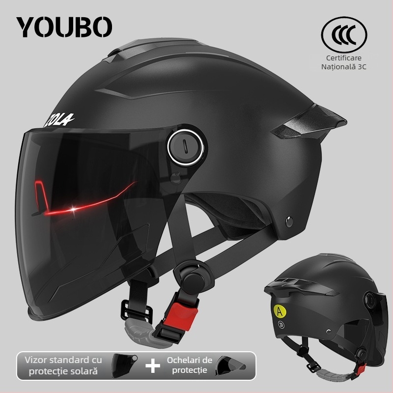 Casca pentru motocicletă electrică, cu standard național 3C, certificat, cu vizieră dublă, pentru femei și bărbați, demi-cască pentru scutere electrice, protecție solară de vară