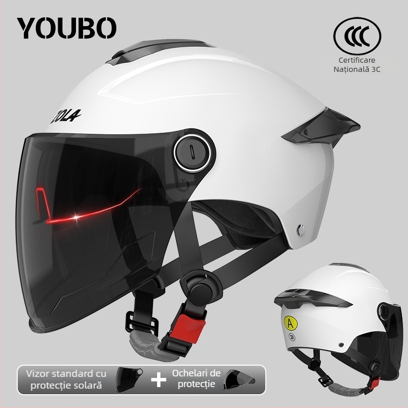 Casca pentru motocicletă electrică, cu standard național 3C, certificat, cu vizieră dublă, pentru femei și bărbați, demi-cască pentru scutere electrice, protecție solară de vară