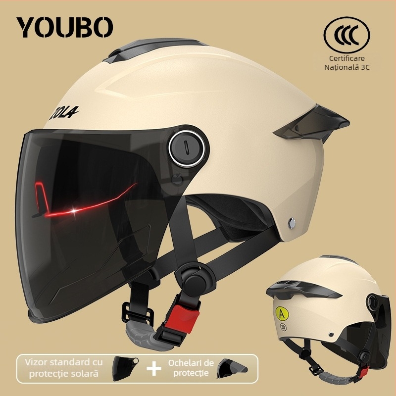 Casca pentru motocicletă electrică, cu standard național 3C, certificat, cu vizieră dublă, pentru femei și bărbați, demi-cască pentru scutere electrice, protecție solară de vară