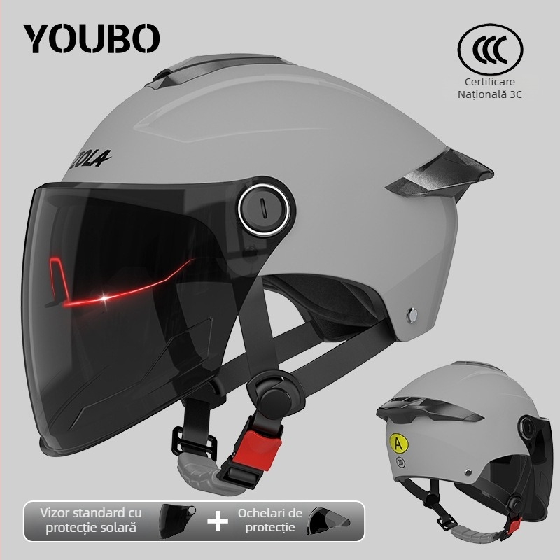 Casca pentru motocicletă electrică, cu standard național 3C, certificat, cu vizieră dublă, pentru femei și bărbați, demi-cască pentru scutere electrice, protecție solară de vară