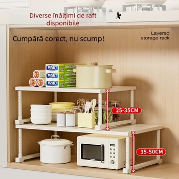 Raft extensibil de depozitare pentru bucătărie: organizator cu mai multe niveluri pentru sub chiuvetă și pentru electrocasnicele de pe blat