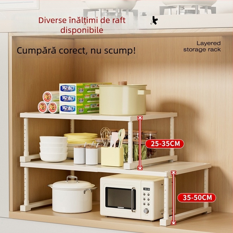 Raft extensibil de depozitare pentru bucătărie: organizator cu mai multe niveluri pentru sub chiuvetă și pentru electrocasnicele de pe blat