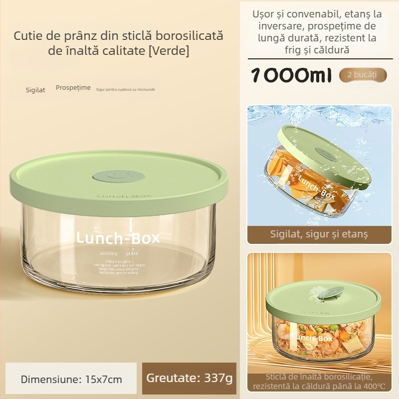 Cutie de prânz din sticlă borosilicat ultra-ușoară, compatibilă cu microunde, capacitate mare, etanșă pentru fructe și mese