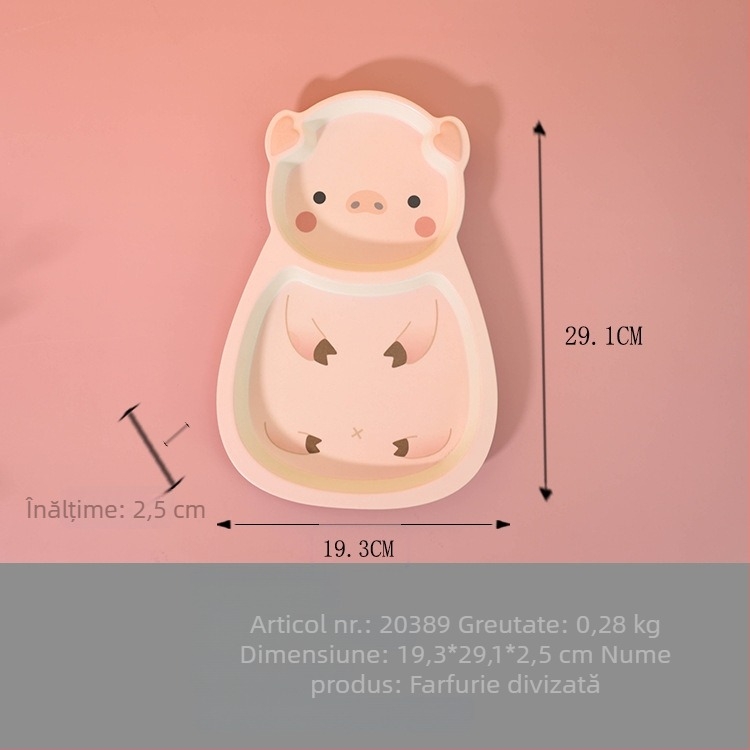 Set de veselă pentru copii din melamină și fibre de bambus, farfurie în formă de purceluș și bol pentru bebeluși, design desen animat, rezistent la căderi