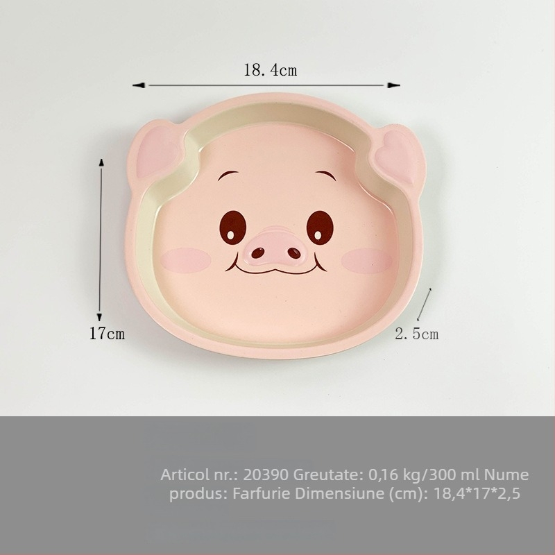 Set de veselă pentru copii din melamină și fibre de bambus, farfurie în formă de purceluș și bol pentru bebeluși, design desen animat, rezistent la căderi