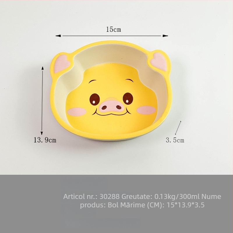 Set de veselă pentru copii din melamină și fibre de bambus, farfurie în formă de purceluș și bol pentru bebeluși, design desen animat, rezistent la căderi