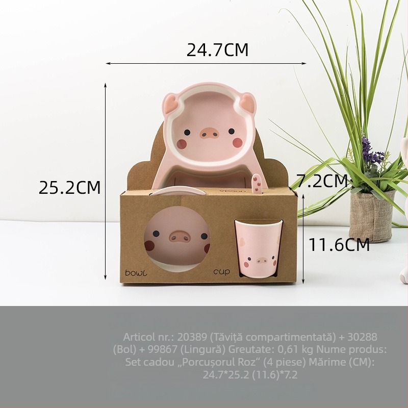 Set de veselă pentru copii din melamină și fibre de bambus, farfurie în formă de purceluș și bol pentru bebeluși, design desen animat, rezistent la căderi