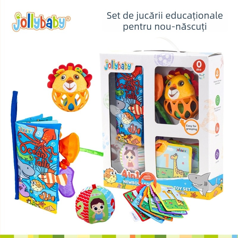 Jollybaby Cutie cadou pentru nou-născuți: set de liniștire și învățare timpurie cu carte din material textil, zornăitoare și jucării pentru sugari 0–6 luni