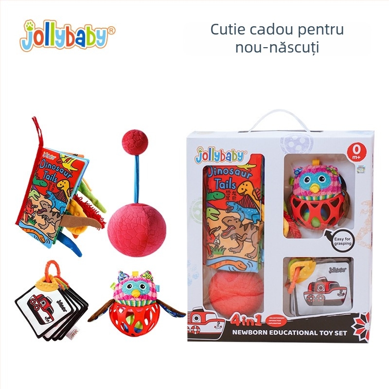 Jollybaby Cutie cadou pentru nou-născuți: set de liniștire și învățare timpurie cu carte din material textil, zornăitoare și jucării pentru sugari 0–6 luni