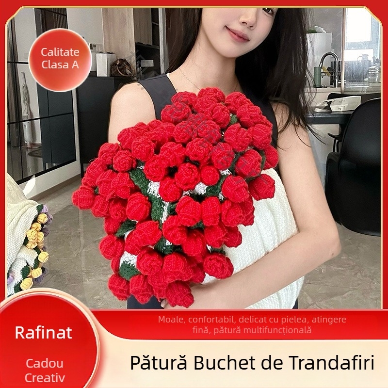 Cuvertură tricotată manual cu buchet de trandafiri, motive florale — pătură de odihnă, cadou pentru cele mai bune prietene