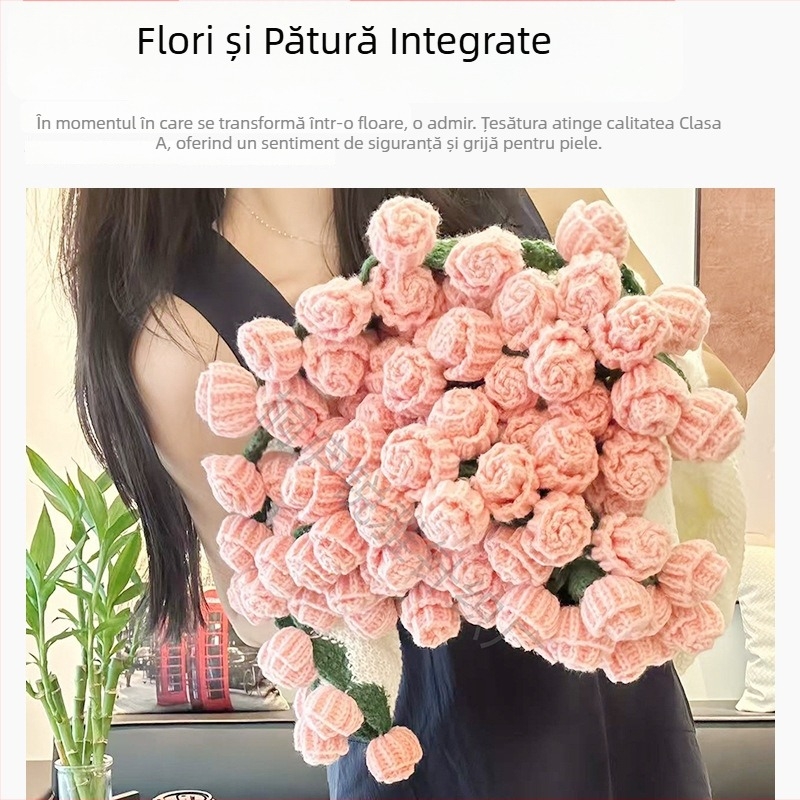 Cuvertură tricotată manual cu buchet de trandafiri, motive florale — pătură de odihnă, cadou pentru cele mai bune prietene