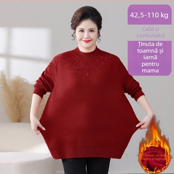 Pulover de iarnă din fleece pentru femei, bază din fleece gros, guler semi-turtleneck, croială lejeră, mărime mare