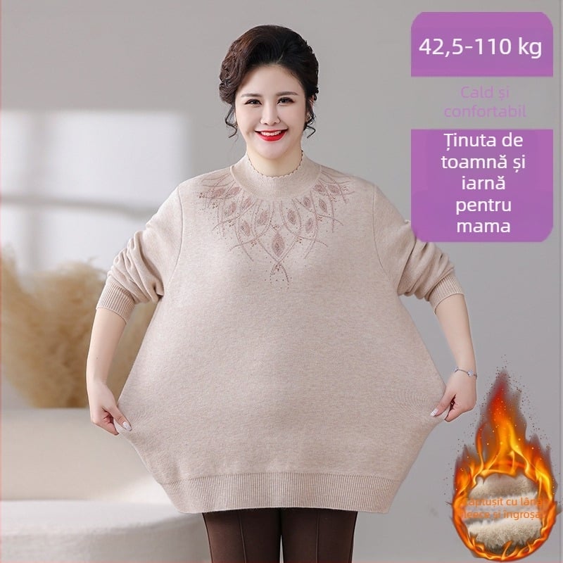 Pulover de iarnă din fleece pentru femei, bază din fleece gros, guler semi-turtleneck, croială lejeră, mărime mare