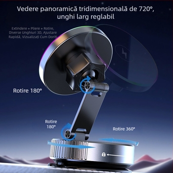 Suport magnetic pentru telefon în mașină, încărcare wireless prin ventuză, 15W, rotire de 720°, pliabil, universal pentru bord