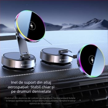 Suport magnetic pentru telefon în mașină, încărcare wireless prin ventuză, 15W, rotire de 720°, pliabil, universal pentru bord