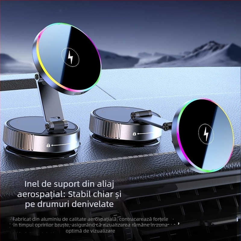 Suport magnetic pentru telefon în mașină, încărcare wireless prin ventuză, 15W, rotire de 720°, pliabil, universal pentru bord