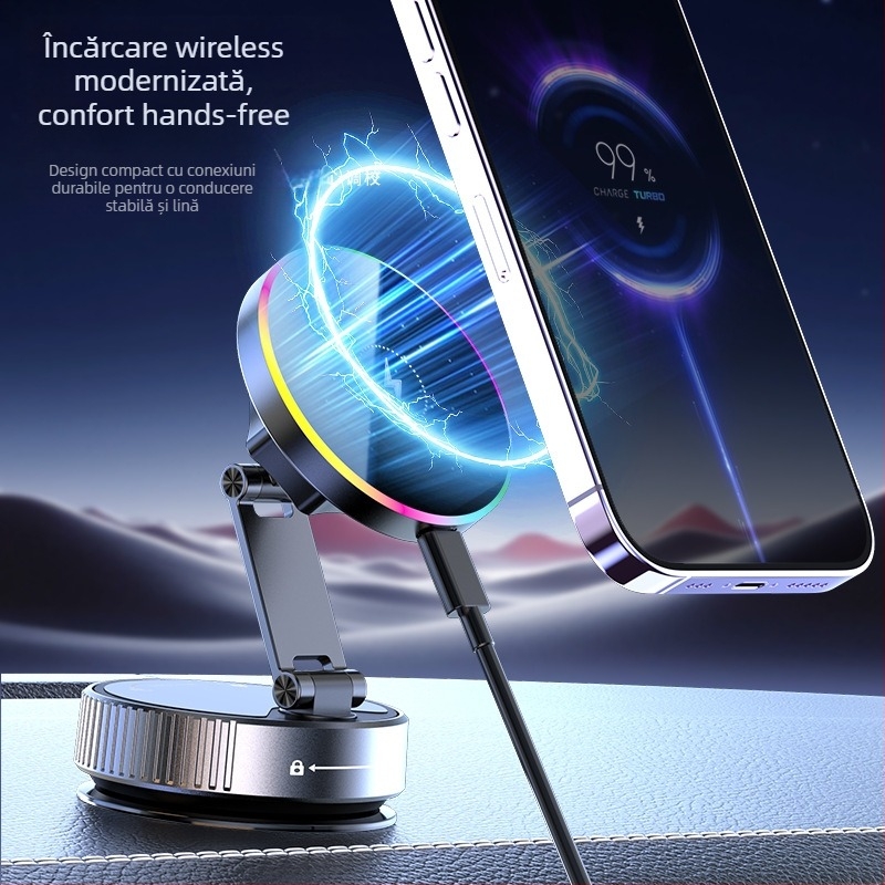 Suport magnetic pentru telefon în mașină, încărcare wireless prin ventuză, 15W, rotire de 720°, pliabil, universal pentru bord