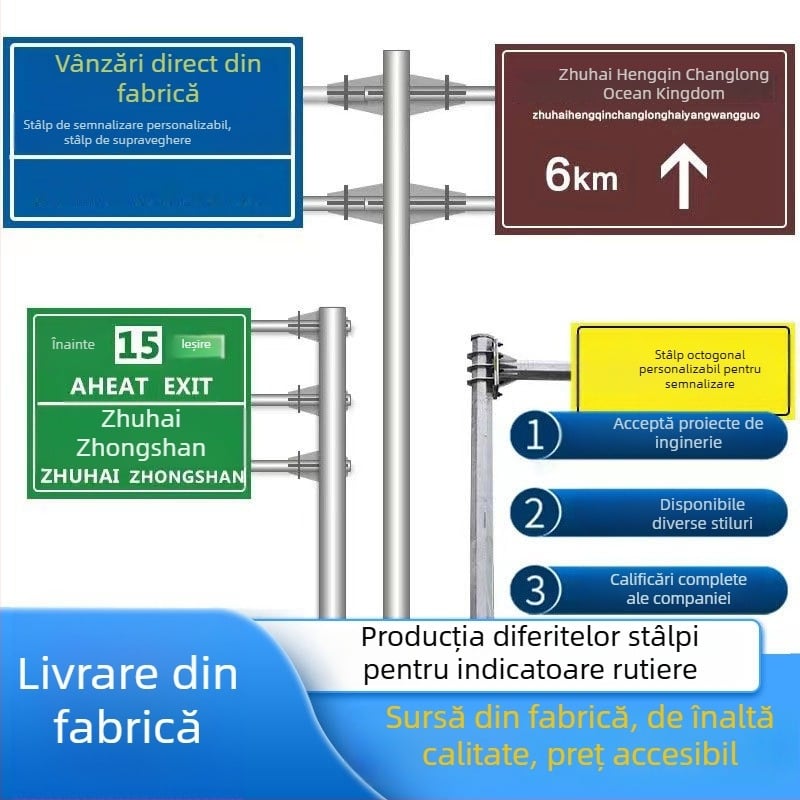 Semn rutier din aluminiu pentru autostradă, cu stâlp unic și braț consolă