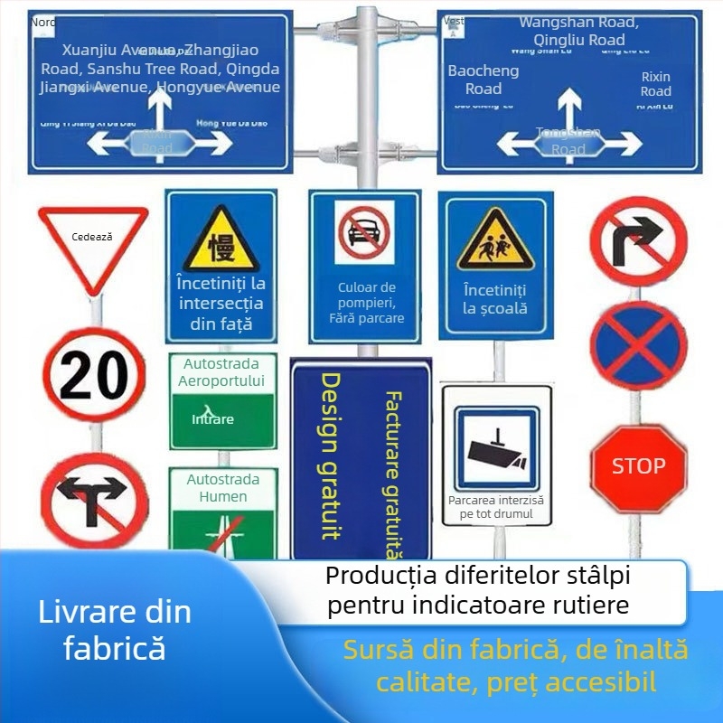 Semn rutier din aluminiu pentru autostradă, cu stâlp unic și braț consolă