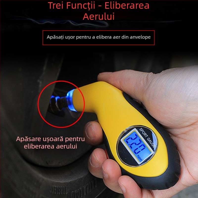 Manometru pentru presiunea pneurilor auto, cu afișaj LCD digital și iluminare LED, precizie înaltă