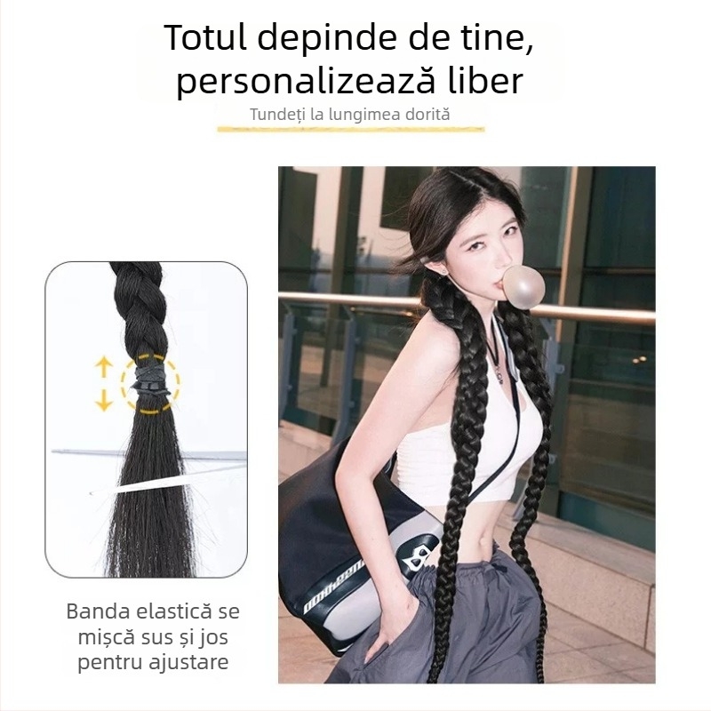 Perucă rezistentă la căldură, cu împletituri lungi răsucite și două cozi, aspect natural, păr sintetic