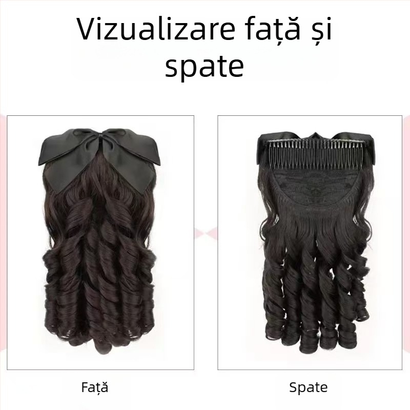 Perucă cu bucle romane și coadă de cal cu fundă — stil prințesă, păr din fir rezistent la temperaturi, inspirație qipao