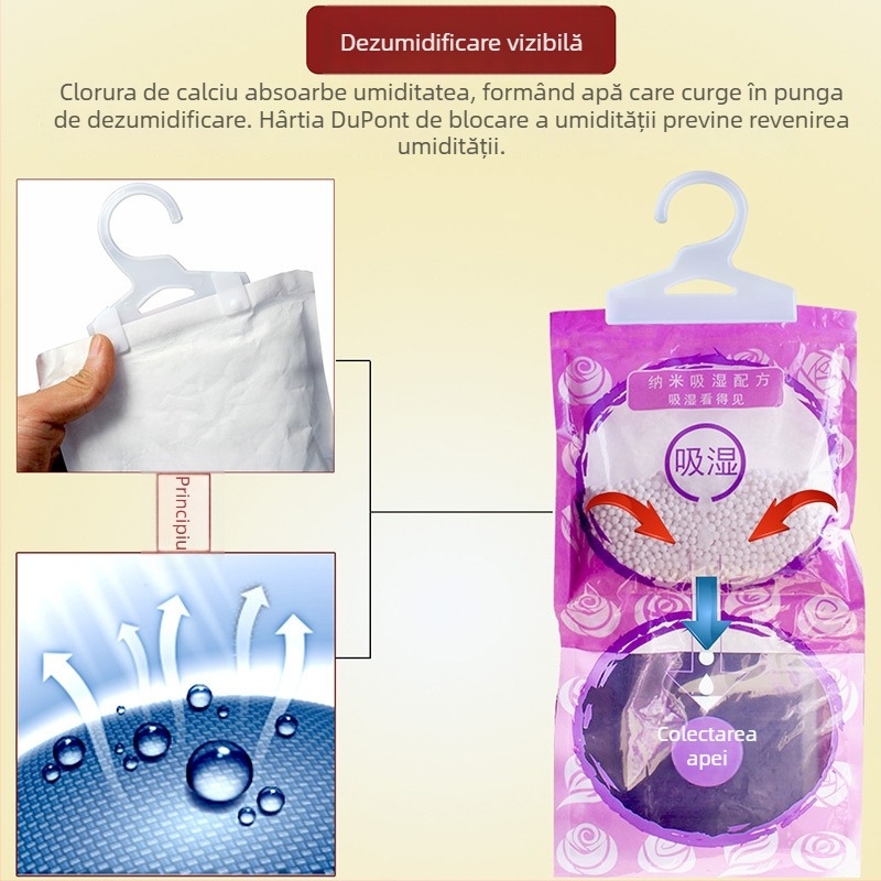 Desicant pentru garderobă cu parfum de lavandă, 230 g, pentru agățat, absorbție rapidă a umezelii