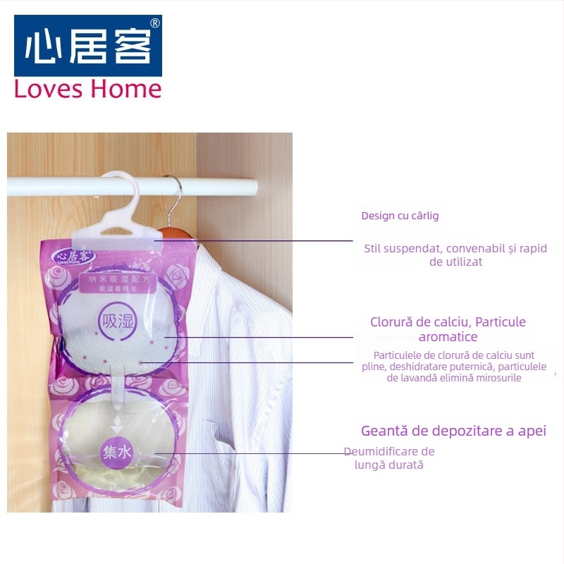 Desicant pentru garderobă cu parfum de lavandă, 230 g, pentru agățat, absorbție rapidă a umezelii