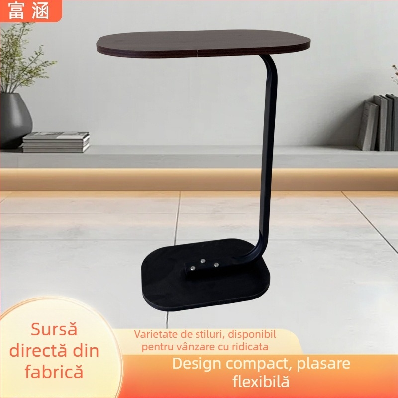Masă laterală din oțel și lemn, blat de nuc, formă pătrată, multifuncțională pentru living, dormitor și birou; design modern minimalist.