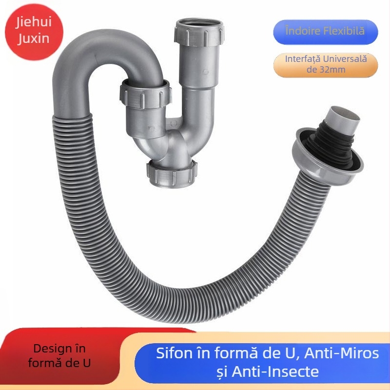 Conductă de drenaj în formă de U pentru chiuvetă, furtun de scurgere anti-miros și accesorii (PP)