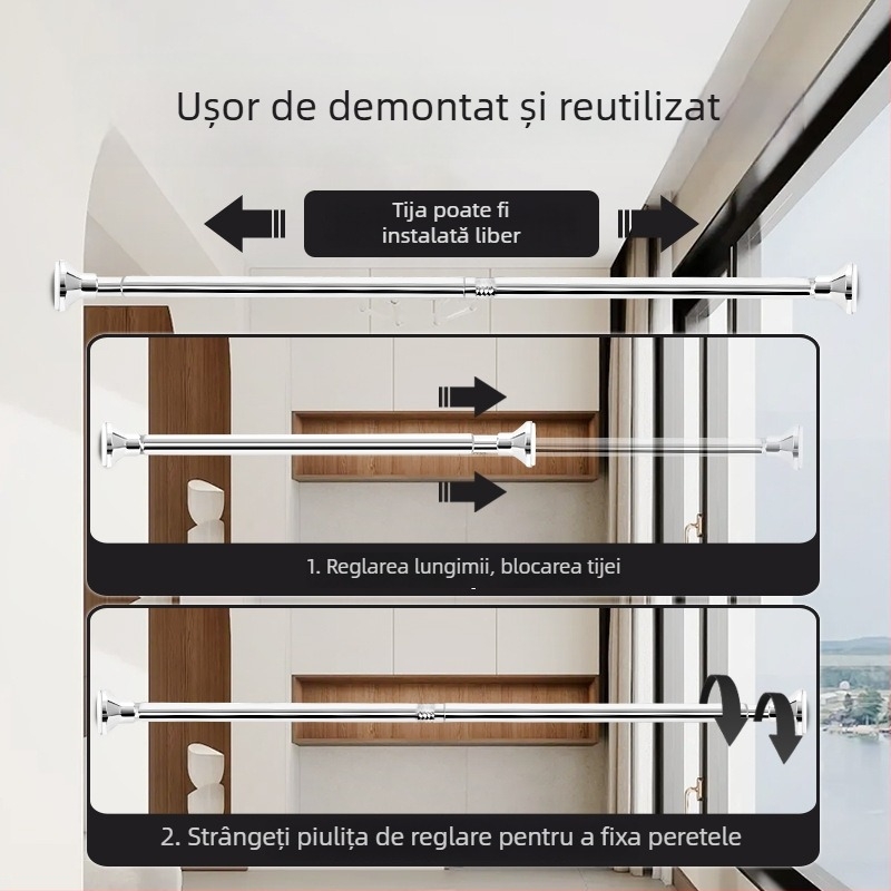 Bară telescopică din oțel inoxidabil cu bază îmbunătățită pentru agățarea perdelelor de duș, perdelelor de ușă, bare de garderobă și uscarea hainelor