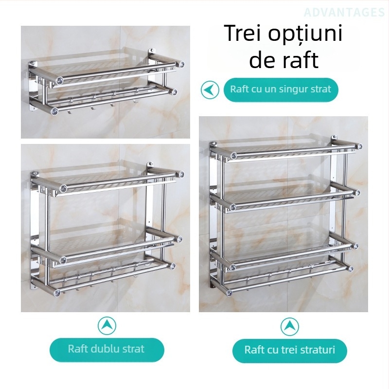 Raft de prosoape pentru baie, montat pe perete, din oțel inoxidabil, fără găuri, organizator de depozitare cu două și trei niveluri