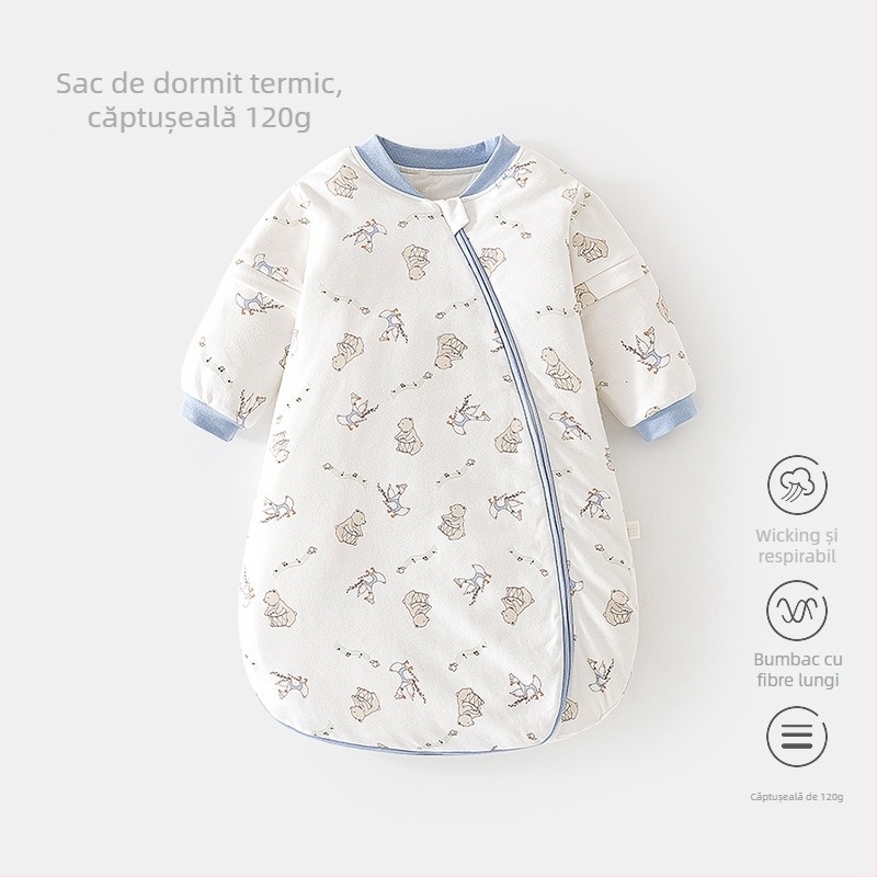 Sac de dormit pentru sugari, temperatură constantă, formă U, bumbac gros, fermoar, mâneci detașabile – pentru toate sezoanele