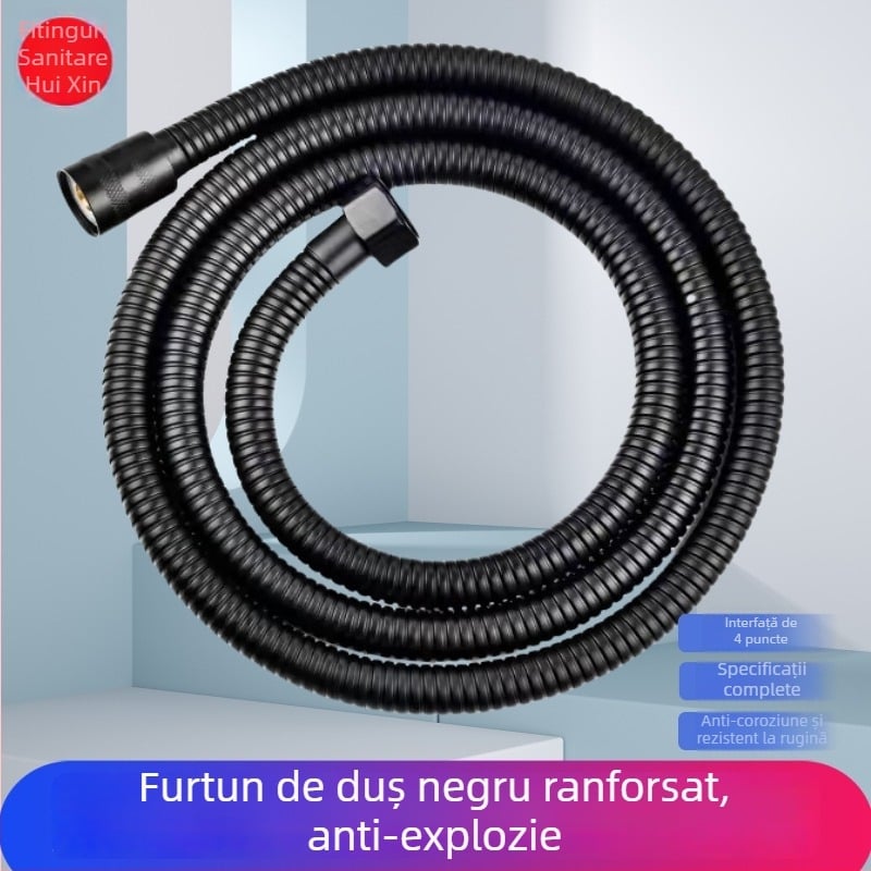 Cap de duș din oțel inoxidabil negru, cu furtun, duș de mâna și jet superior