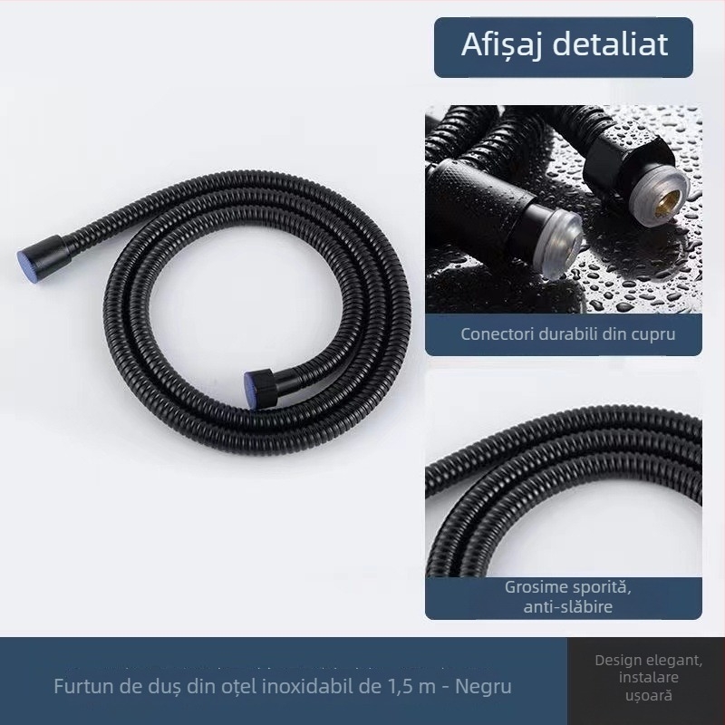 Cap de duș din oțel inoxidabil negru, cu furtun, duș de mâna și jet superior