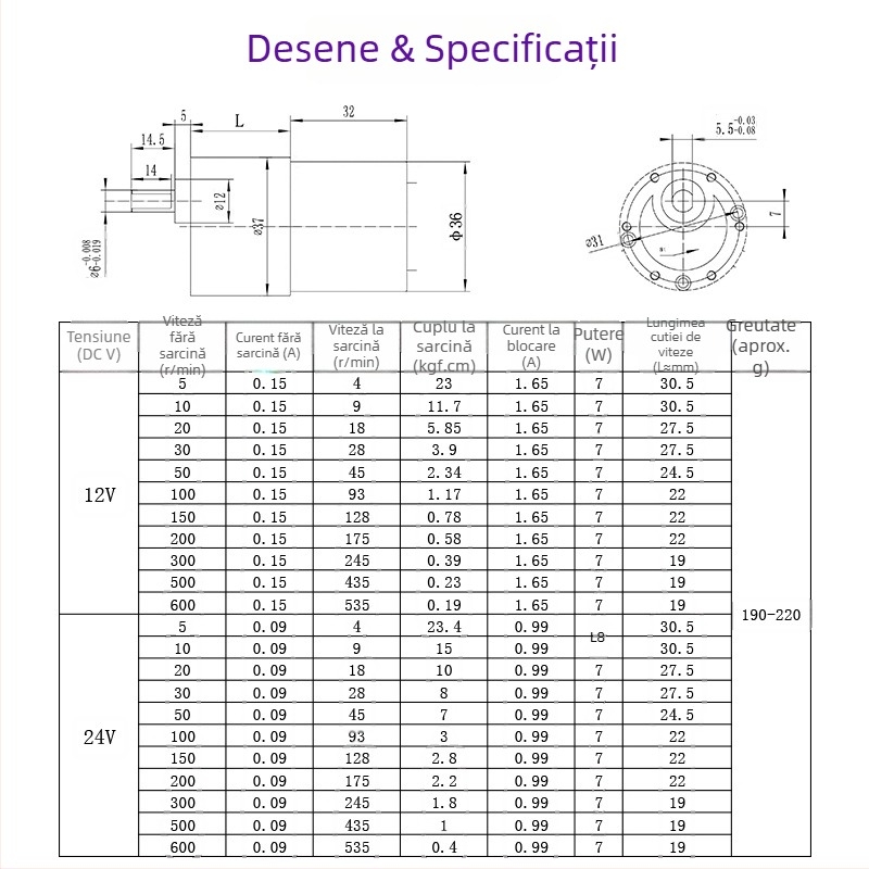 37GB520 Motor DC cu angrenaj, motor miniatural cu redutor pentru robotică și dispozitive mici, 12V